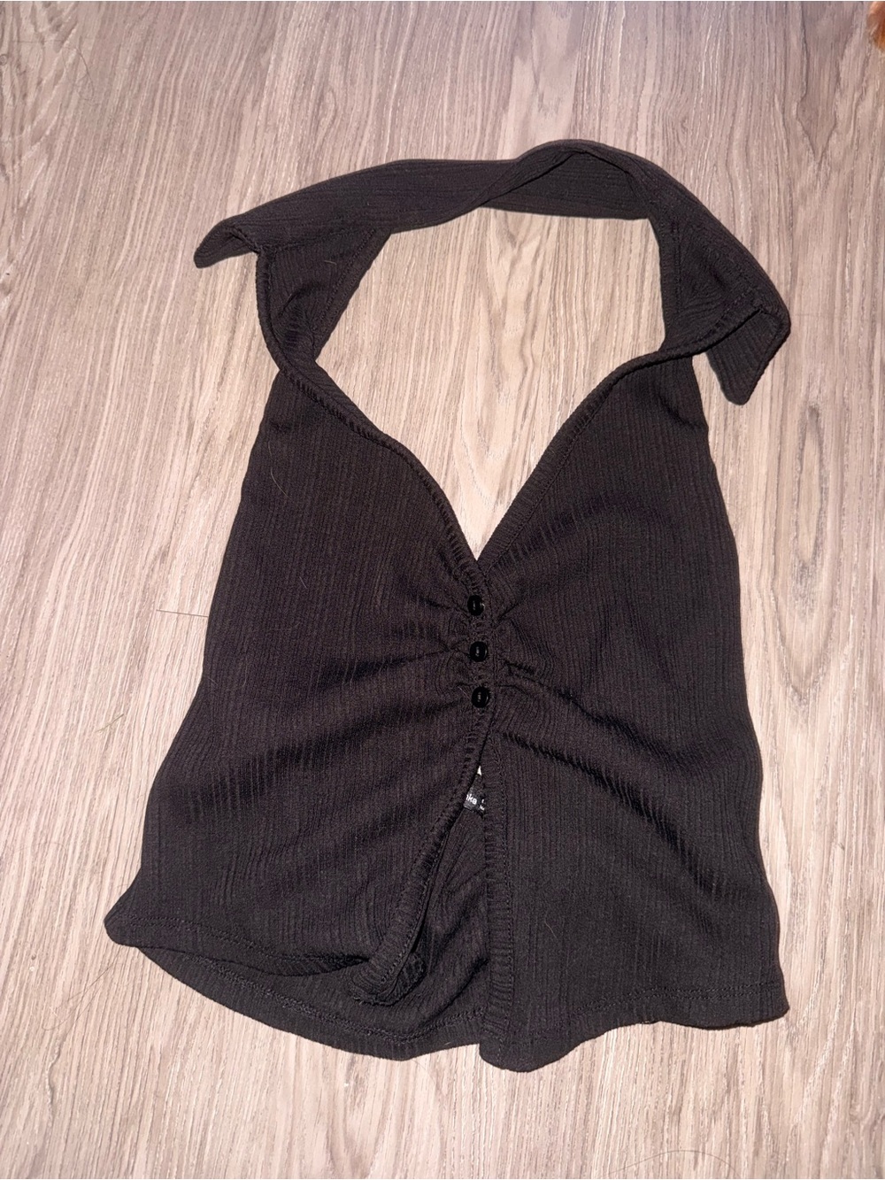 Bershka Black Halter Ribbed Button-Front Camisole